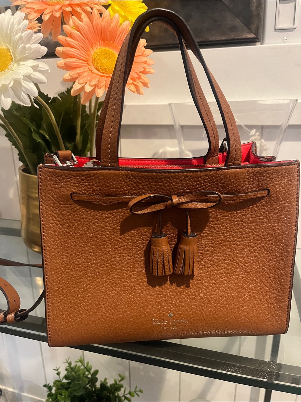 kate spade Brown Pebbled Leather Satchel with Red Interior